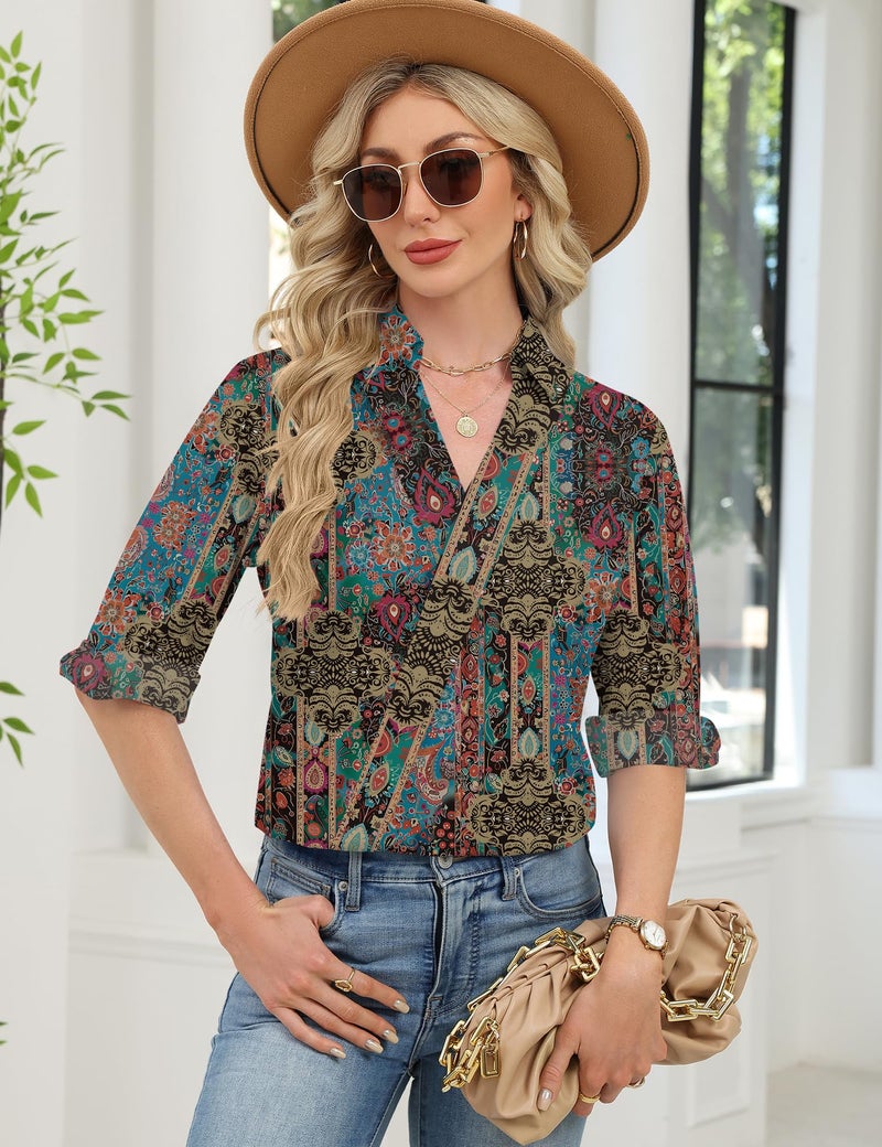 LOMON Dress Shirts for Women 3/4 Sleeve V Neck Boho Tops Business Casual Work Blouses Vacation Outfits 2026 (Multicolor Floral,S) - Image 4