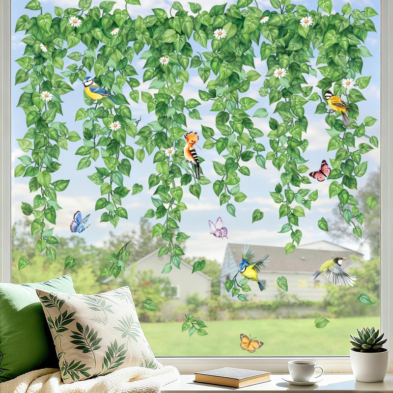 decalmile Spring Hanging Green Vine Double Sided Window Clings Leaves Plants Birds Anti-Collision Glass Doors Window Stickers Decals - Image 3