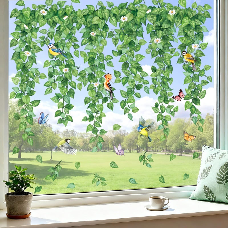 decalmile Spring Hanging Green Vine Double Sided Window Clings Leaves Plants Birds Anti-Collision Glass Doors Window Stickers Decals - Image 2
