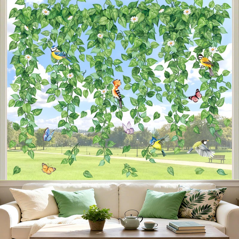 decalmile Spring Hanging Green Vine Double Sided Window Clings Leaves Plants Birds Anti-Collision Glass Doors Window Stickers Decals - Image 1