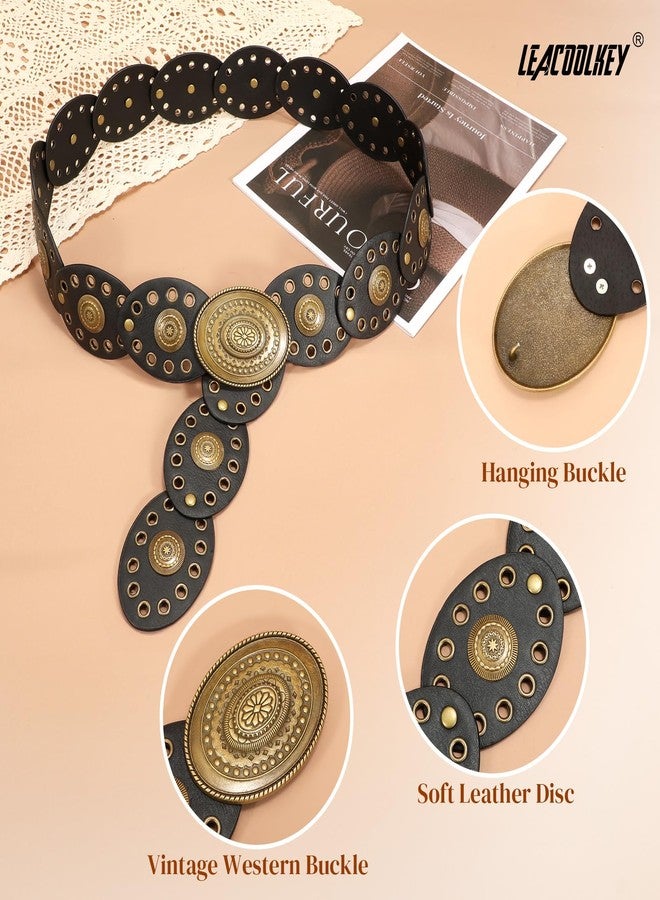 LEACOOLKEY Hollow Western Disc Belt for Dress Boho Concho Belt Vintage Country Waist Belts for Women - Image 5