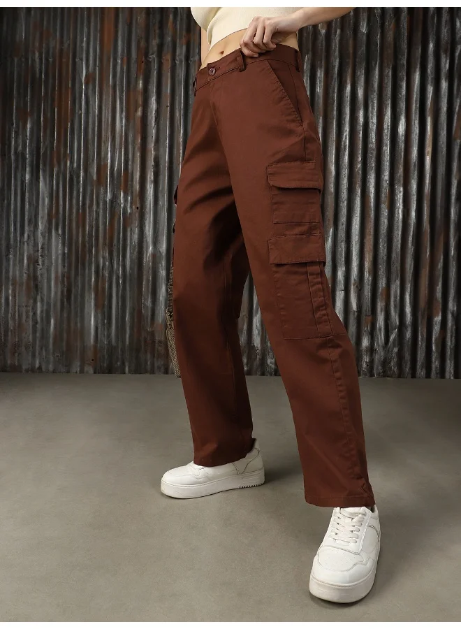 HIGH STAR Women’s Dad Fit Brown Trousers with Cargo Pockets – Stylish and Functional