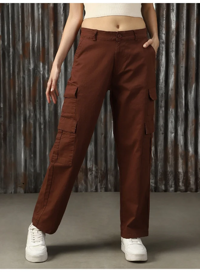 HIGH STAR Women’s Dad Fit Brown Trousers with Cargo Pockets – Stylish and Functional