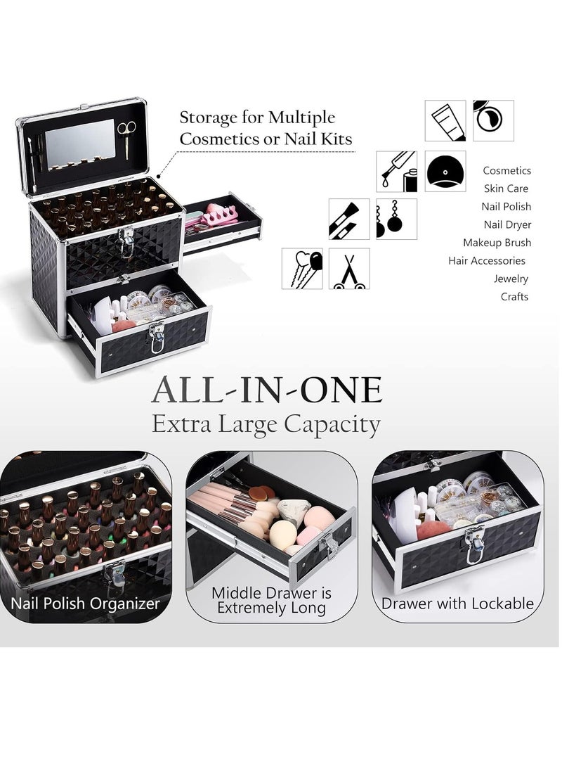 FRENESSA - Frenessa Nail Polish Makeup Train Case with Drawer and Dividers Manicure Organizer Accessory Storage Makeup Box With Mirror Lockable Keys Nail Kit Organizer Cosmetic Case Jewelry Box - Black - Image 1