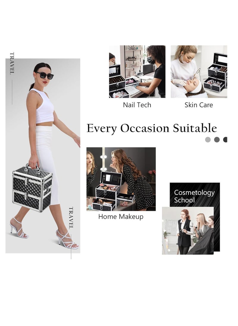 FRENESSA - Frenessa Nail Polish Makeup Train Case with Drawer and Dividers Manicure Organizer Accessory Storage Makeup Box With Mirror Lockable Keys Nail Kit Organizer Cosmetic Case Jewelry Box - Black - Image 1