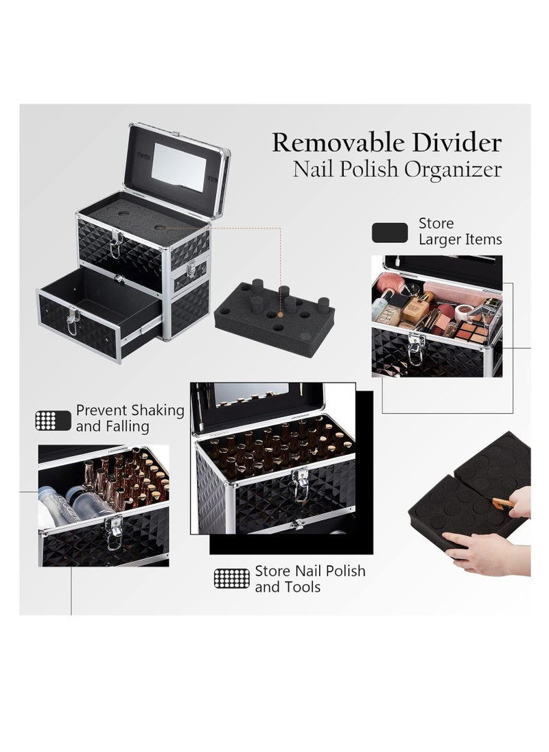 FRENESSA - Frenessa Nail Polish Makeup Train Case with Drawer and Dividers Manicure Organizer Accessory Storage Makeup Box With Mirror Lockable Keys Nail Kit Organizer Cosmetic Case Jewelry Box - Black - Image 1
