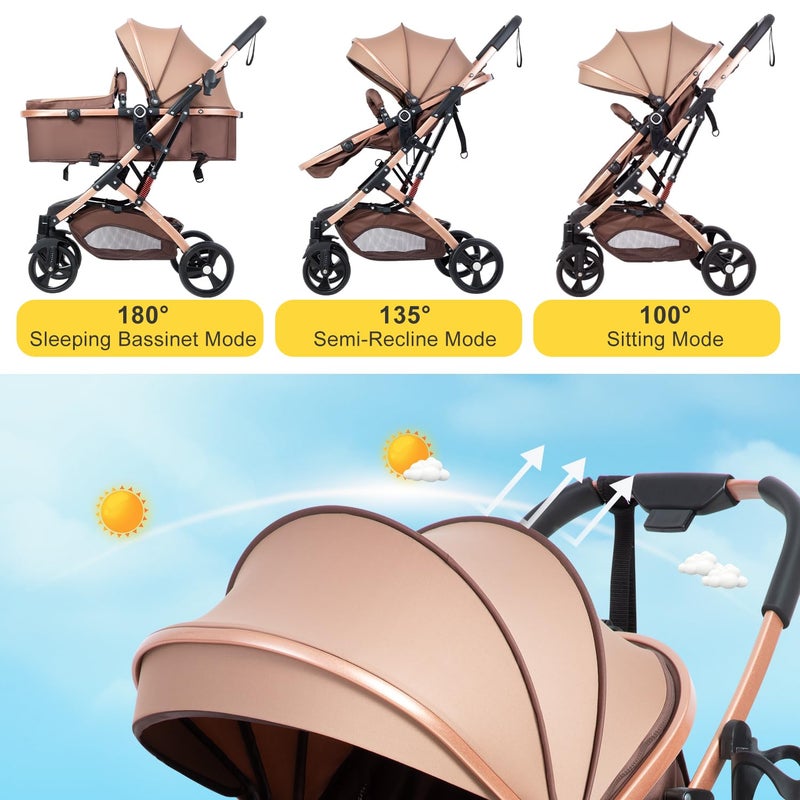 PEARLOVE 2 in 1 Baby Stroller Newborn Foldable Pushchair with Adjustable Canopy Folding High Landscape Infant Carriage, Anti-Shock Toddler Pushchair - Image 4