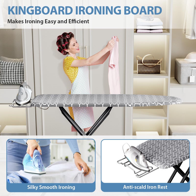 KINGBOARD Foldable Ironing Board Full Size, Iron and Ironing Board Set Standard Size, Iron Boards with Ironrest & Adjustable Height,Heavy Duty Iron Table Stand with Metal Legs &Thick Cover,43x13 Gray - Image 5