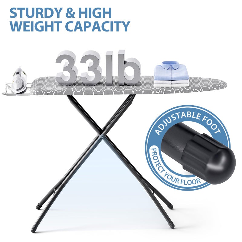 KINGBOARD Foldable Ironing Board Full Size, Iron and Ironing Board Set Standard Size, Iron Boards with Ironrest & Adjustable Height,Heavy Duty Iron Table Stand with Metal Legs &Thick Cover,43x13 Gray - Image 4