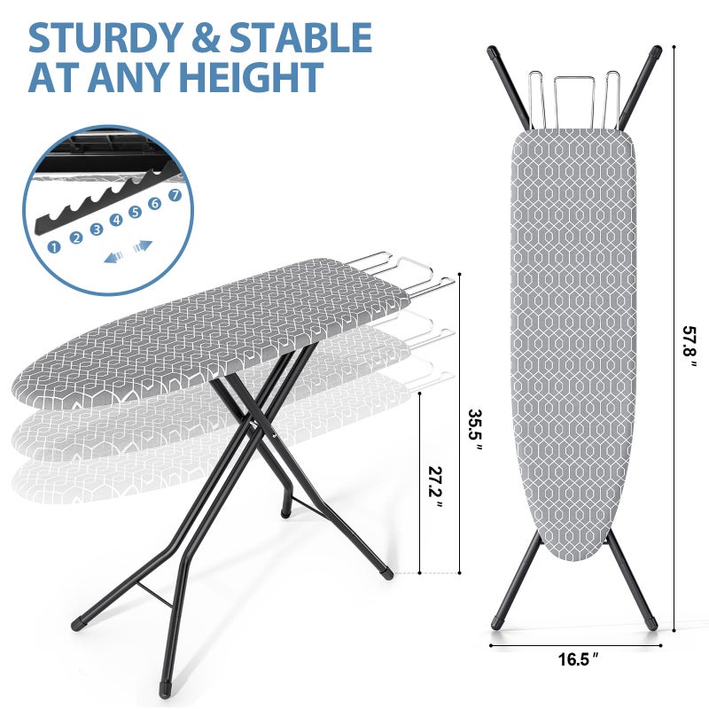 KINGBOARD Foldable Ironing Board Full Size, Iron and Ironing Board Set Standard Size, Iron Boards with Ironrest & Adjustable Height,Heavy Duty Iron Table Stand with Metal Legs &Thick Cover,43x13 Gray - Image 2