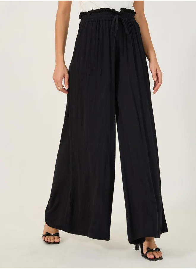 Styli Textured Wide Leg Pants with Paperbag Waistband