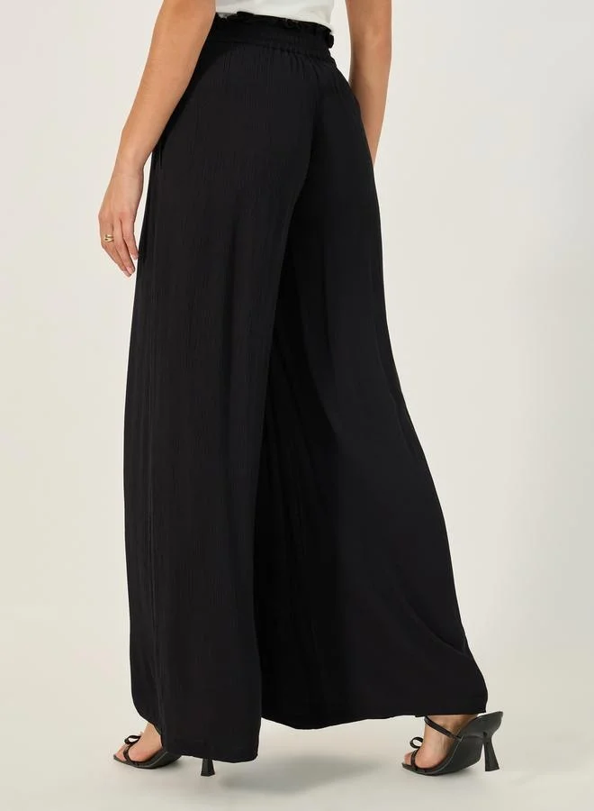 Styli Textured Wide Leg Pants with Paperbag Waistband