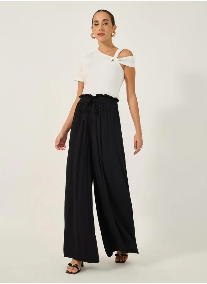 Styli Textured Wide Leg Pants with Paperbag Waistband