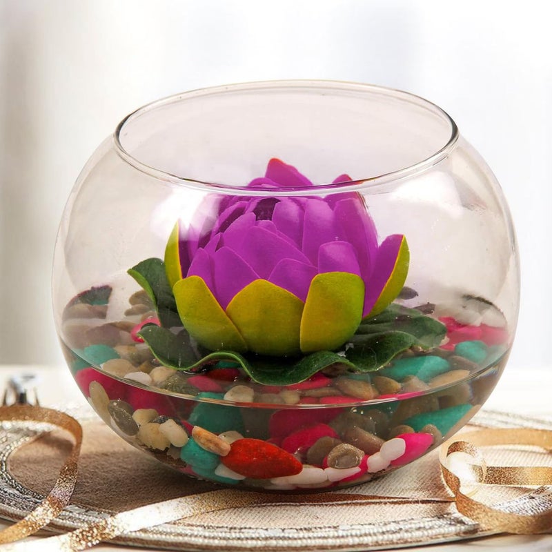 TIED RIBBONS TIED RIBBONS Glass Vase for Decoration Round Glass Vessel with Faux Lotus and Natural Stones Artificial Decorative Flowers with Vase for Home Decor Living Room Bedroom Hall Office  - Image 1