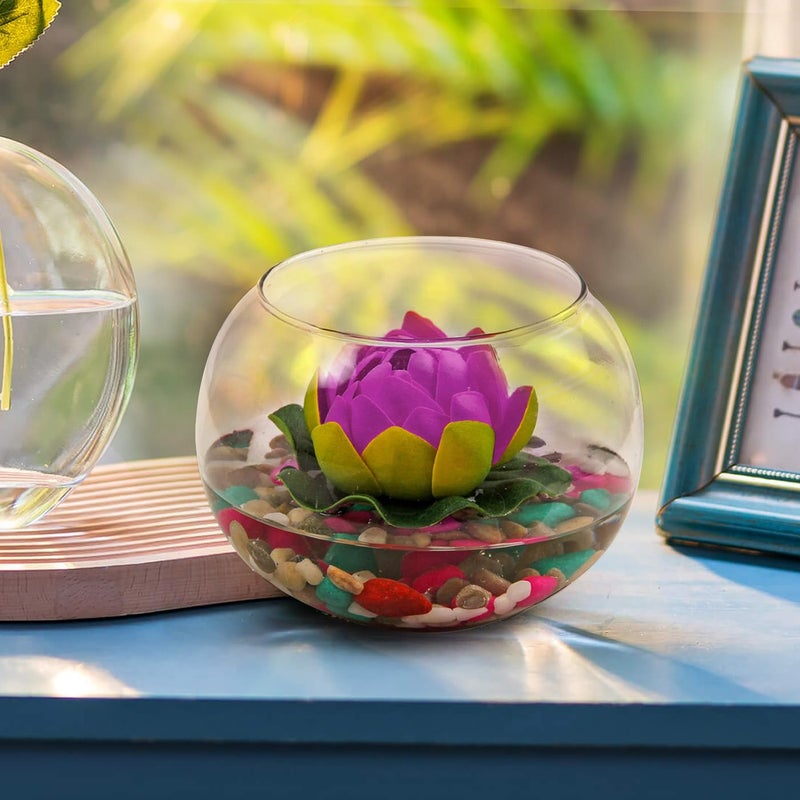 TIED RIBBONS TIED RIBBONS Glass Vase for Decoration Round Glass Vessel with Faux Lotus and Natural Stones Artificial Decorative Flowers with Vase for Home Decor Living Room Bedroom Hall Office  - Image 3