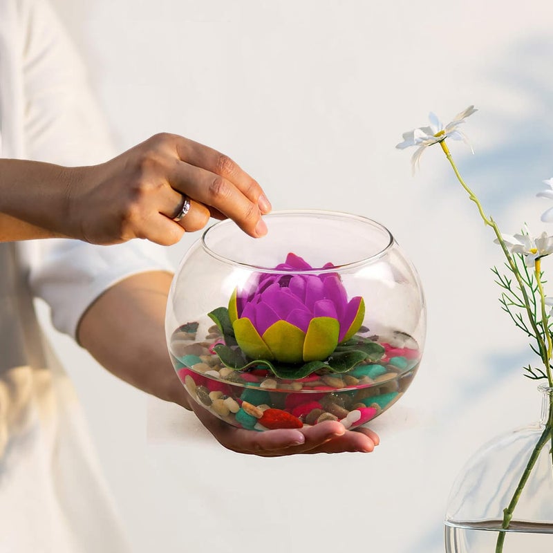 TIED RIBBONS TIED RIBBONS Glass Vase for Decoration Round Glass Vessel with Faux Lotus and Natural Stones Artificial Decorative Flowers with Vase for Home Decor Living Room Bedroom Hall Office  - Image 2