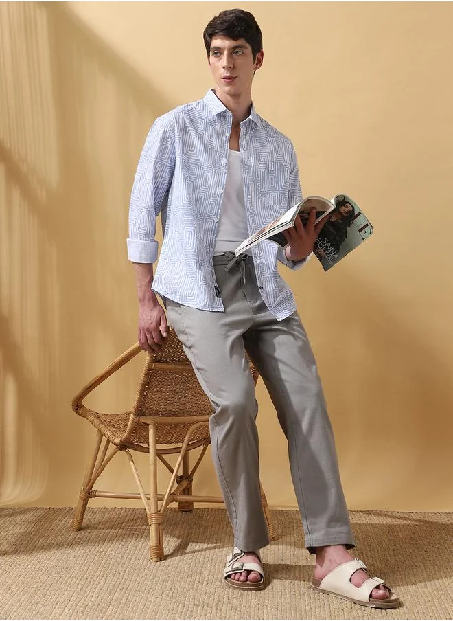 دينيس لينغو Blue 100% cotton Printed Pattern Regular Fit Shirts for Men with Spread collar Neckline Full Sleeves Regular Length Upper Body Wear Button Down Button Closure Woven Weave - Perfect for Lifestyle Occasions