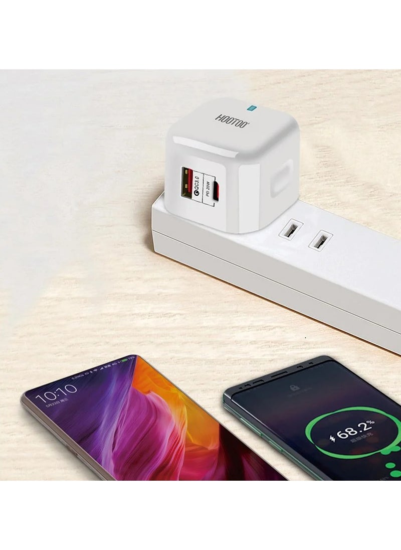 HooToo - Fast Wall Charger or Adapter PD38W+QC3.0 Dual port USB A port & C port PowerPort III 20W Cube Charger For iPhone 13/13 Mini/13 Pro/13 Pro Max/12, Galaxy, Pixel 4/3, iPad/ iPad mini, And More White - Image 1
