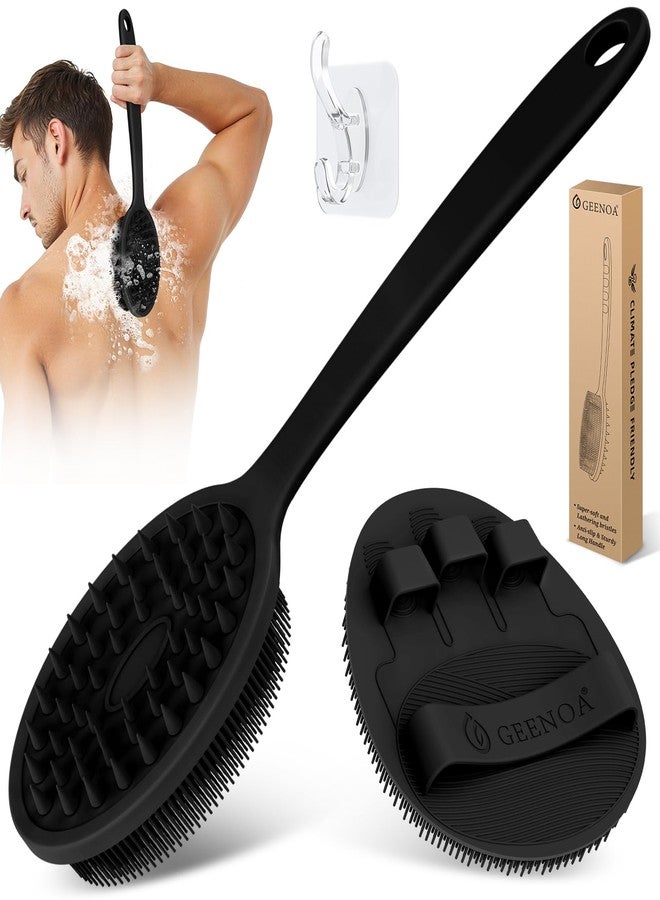 GEENOA Silicone Back Scrubber & Bath Glove Set 2PCS, 13.4'' Gentle Shower Back Scrubber with Dual-Side Head Non-Slip Handle, 360° Anti-Slip Hand-fit Bath Glove for Rich Foaming Deep Cleaning(Black) - Image 1
