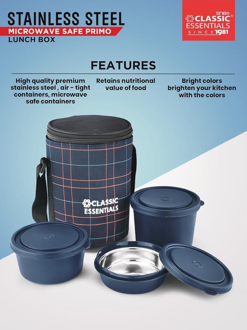 CLASSIC ESSENTIALS Lunch Box, Microwave Safe & Leak Proof, 3 Inside Steel Containers with BPA Free Lids (250ml, 400ml & 600ml), Insulated Fabric Bag (Blue) - Image 3