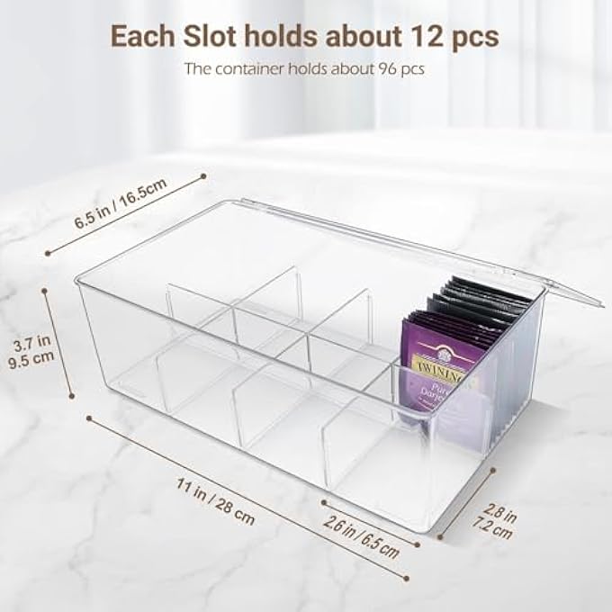 SWIUKPHE Tea Bag Organizer Clear Acrylic Tea Storage Box With Lid Stackable Plastic Tea Bag Holder Container Dispenser For Cabinet Pantry Counter Countertop Clear - Image 5