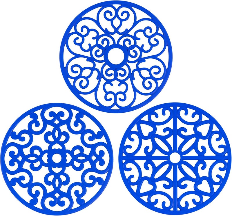 CHEFBEE 3PCS Silicone Trivet Mat - Flexible Non-Slip Heat Resistant Modern Kitchen Teapot Trivets Set for Hot Dishes, Table, Countertop Blue - Image 1