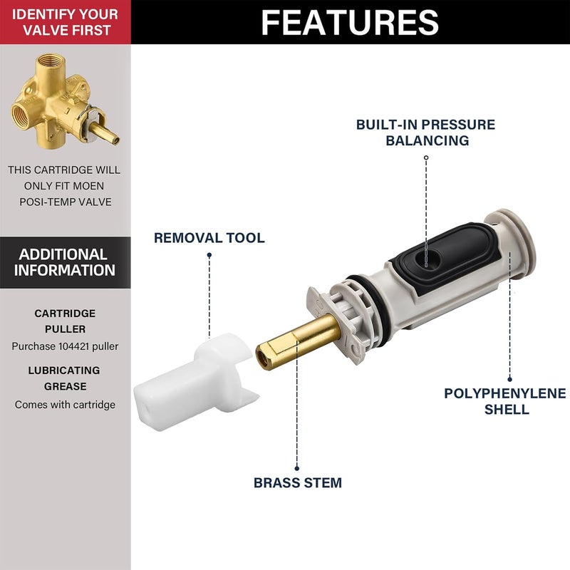 Tearel Store 1222 Replacement Cartridge with Removal Tool 104421 for Moen, Compatible with One Hanlde Posi Temp Faucets - Image 2