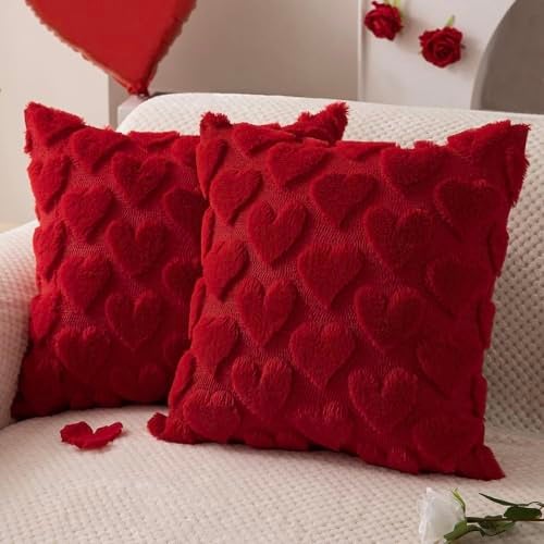 ASABITE Valentines Pillow Covers Set of 2, 3D Red Heart Love Throw Pillow Covers, Red Square Couch Pillow Cover 18x18 inch, Cute Heart Soft Plush Pillow Covers for Couch Sofa Room Valentines Day Decor - Image 1