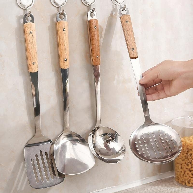 ARQIVO® Stainless Steel Kitchen Utensil Set, 304 Stainless Steel Soup Ladle & Skimmer with Long Heat Resistant Wood Handle, Set of 2 - Image 2