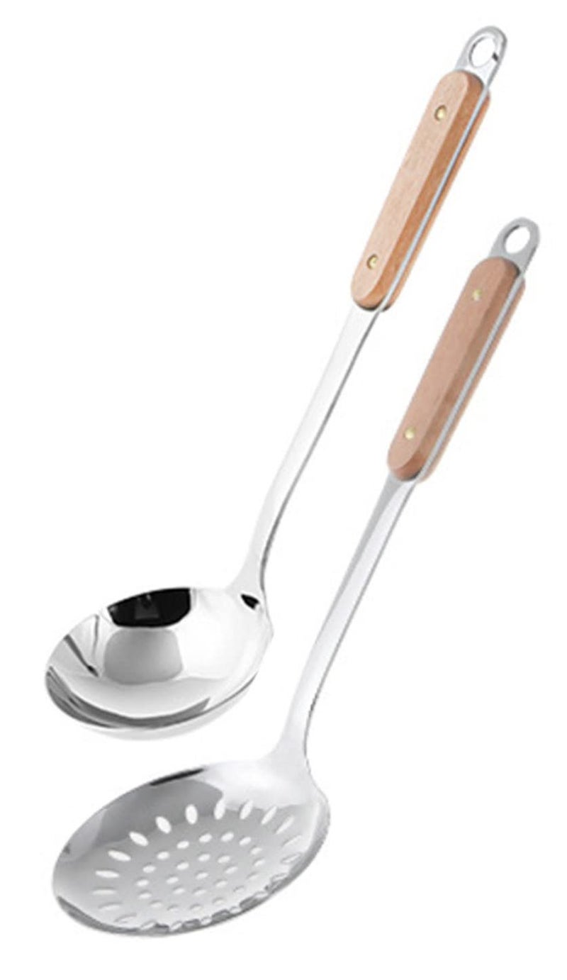 ARQIVO® Stainless Steel Kitchen Utensil Set, 304 Stainless Steel Soup Ladle & Skimmer with Long Heat Resistant Wood Handle, Set of 2 - Image 1