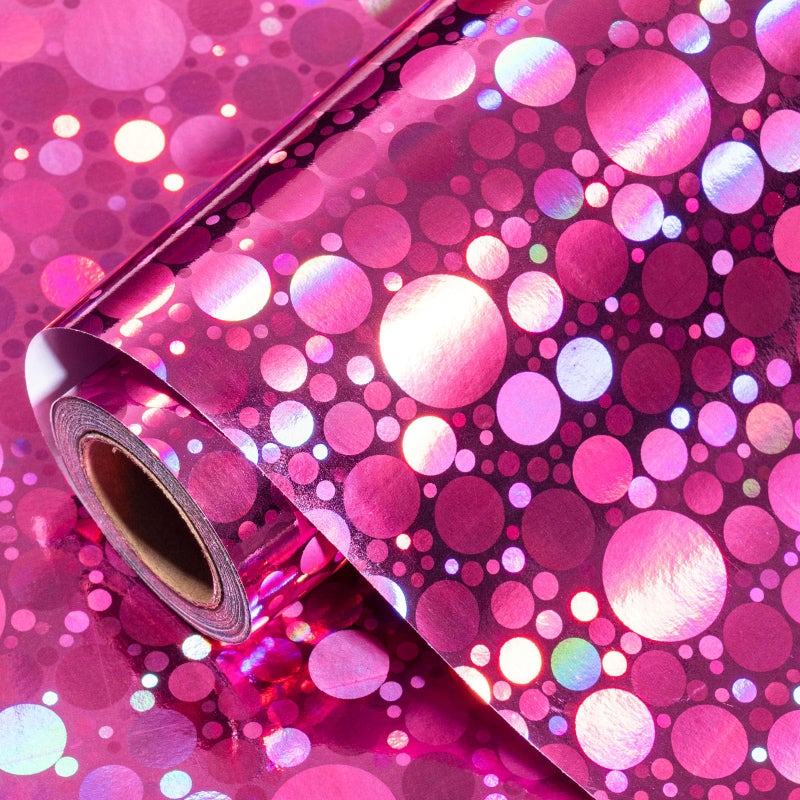 LeZakaa Pink Holographic Wrapping Paper Roll, Shiny Polka Dot Metallic Foil for Birthday, Valentines, Mothers Day, Wedding, Bridal Shower, Graduation, Christmas, Mini Roll 17 in x 32.8 ft - Image 1