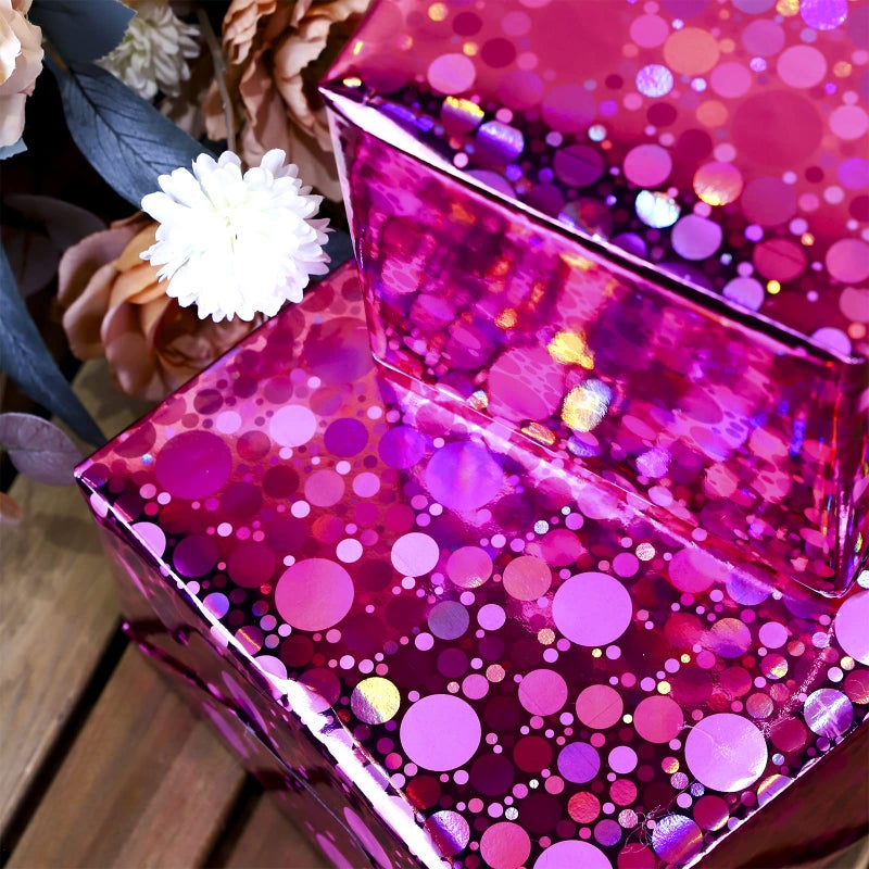 LeZakaa Pink Holographic Wrapping Paper Roll, Shiny Polka Dot Metallic Foil for Birthday, Valentines, Mothers Day, Wedding, Bridal Shower, Graduation, Christmas, Mini Roll 17 in x 32.8 ft - Image 2