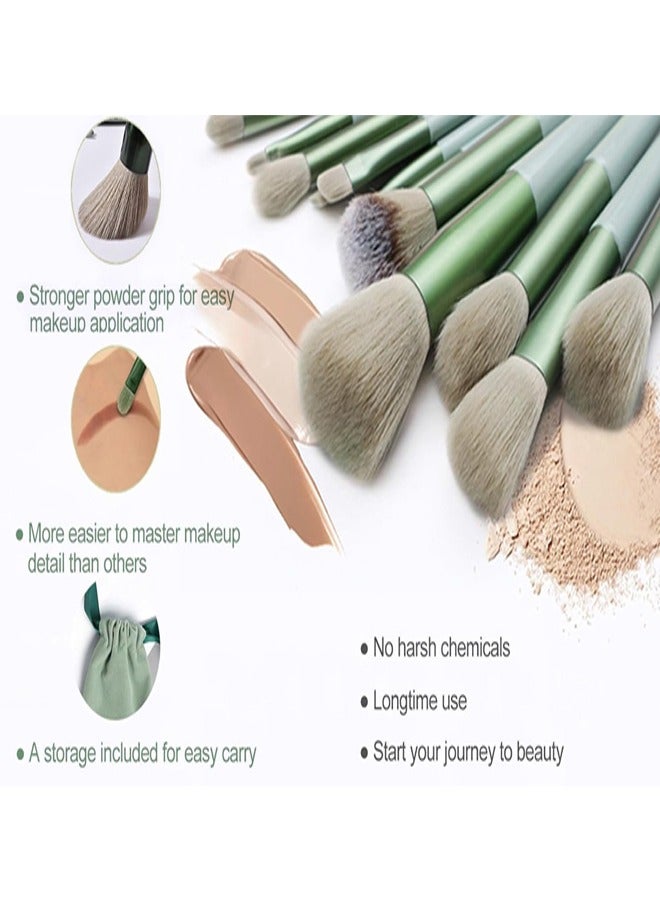 فكس مجموعة فرش مكياج صناعية فاخرة مكونة من 13 قطعة للبودرة وكريم الأساس ومكياج العيون مع حقيبة تخزين (أخضر) - Image 4