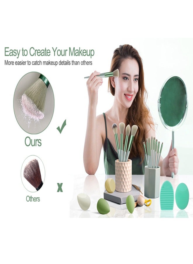 فكس مجموعة فرش مكياج صناعية فاخرة مكونة من 13 قطعة للبودرة وكريم الأساس ومكياج العيون مع حقيبة تخزين (أخضر) - Image 3