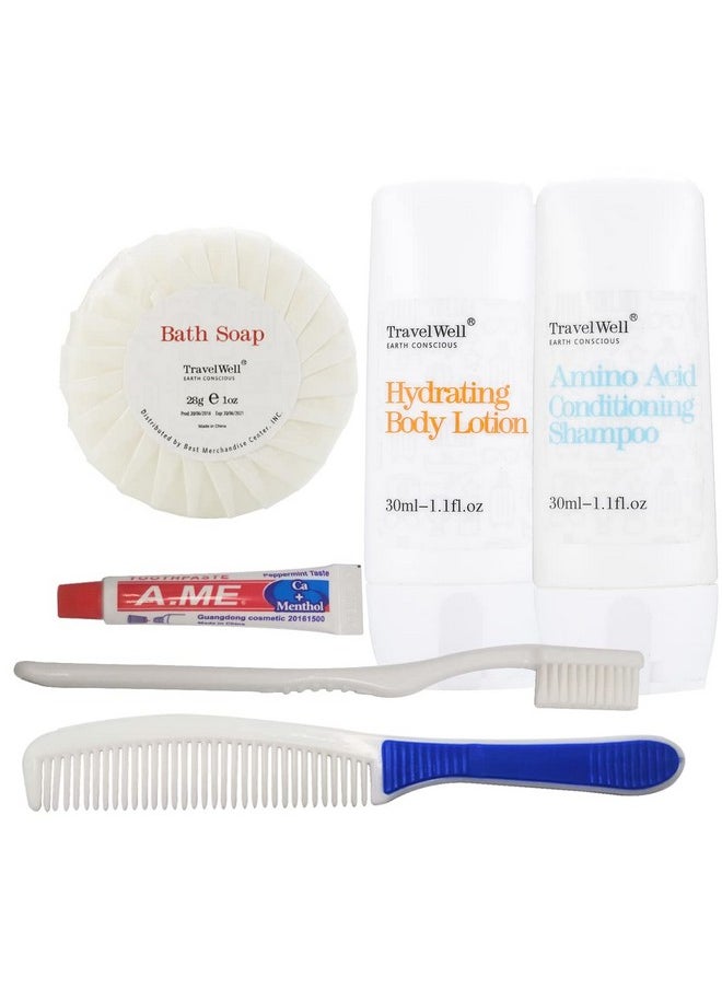 Travelwell TRAVELWELL Hotel Toiletries Amenities Bulk Individually Wrapped 30ml Shampoo & Conditioner 2 in 1, Round Tissue Pleated 28g Cleaning Travel Soap In Bulk, Comb,Toothbrush Toothpaste, Body Lotion 25 Set  - Image 1