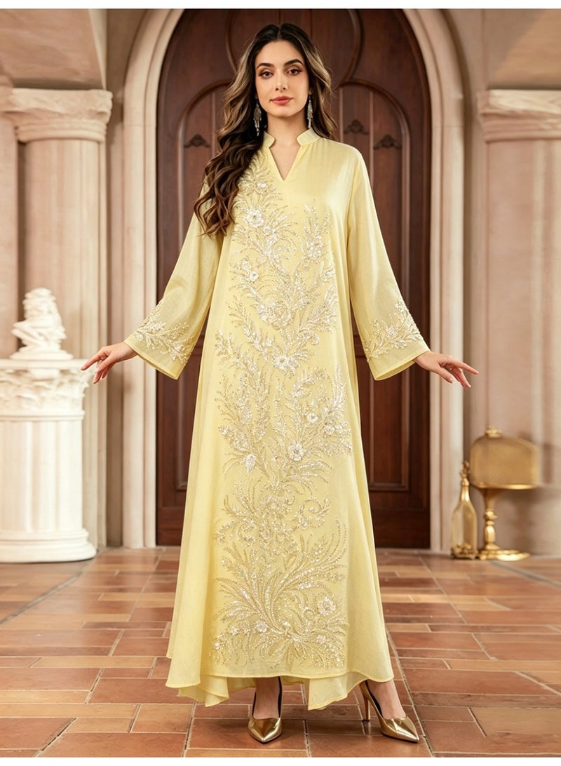 Kaiyuede Abaya Eid Wedding Pale Yellow Golden Sequin Pearl Asymmetric Floral Embroidery Mandarin Collar V-Neck Opaque S-XXL - Image 1