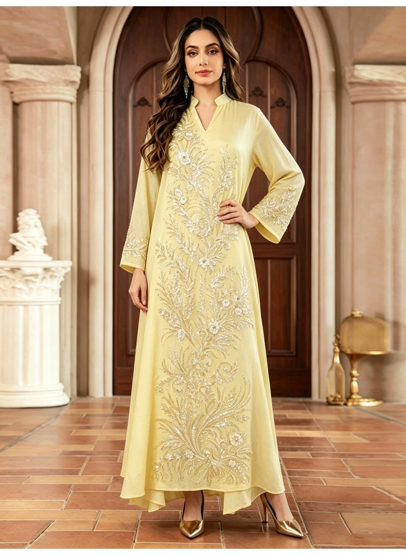 Kaiyuede Abaya Eid Wedding Pale Yellow Golden Sequin Pearl Asymmetric Floral Embroidery Mandarin Collar V-Neck Opaque S-XXL - Image 2