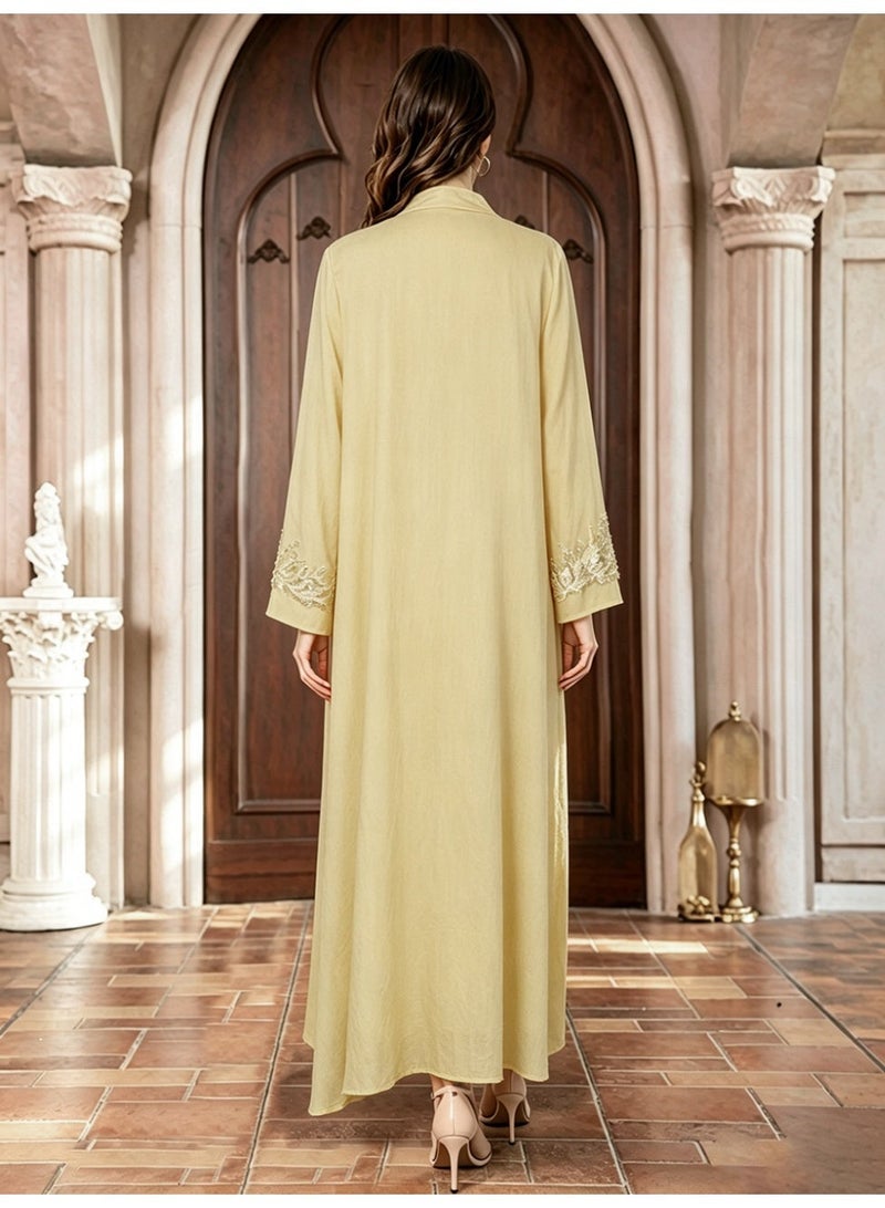 Kaiyuede Abaya Eid Wedding Pale Yellow Golden Sequin Pearl Asymmetric Floral Embroidery Mandarin Collar V-Neck Opaque S-XXL - Image 3