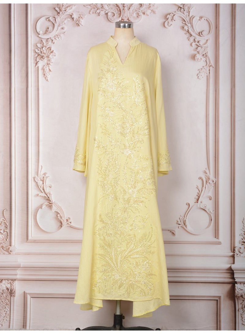 Kaiyuede Abaya Eid Wedding Pale Yellow Golden Sequin Pearl Asymmetric Floral Embroidery Mandarin Collar V-Neck Opaque S-XXL - Image 5