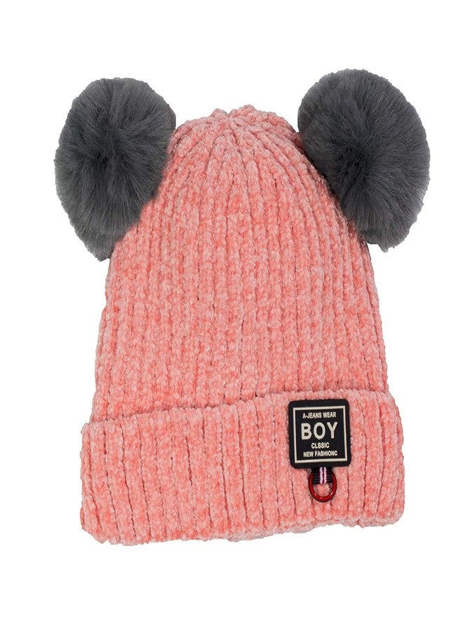 V3E Baby Boys & Baby Girl's Kid's Beanie Knit Hat Winter Twist Double Pom Pom Wool Knitted Cap with Cartoon Mouse Ears (Peach) - Image 1