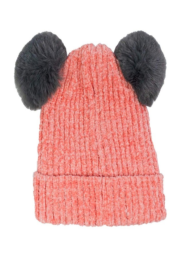 V3E Baby Boys & Baby Girl's Kid's Beanie Knit Hat Winter Twist Double Pom Pom Wool Knitted Cap with Cartoon Mouse Ears (Peach) - Image 2