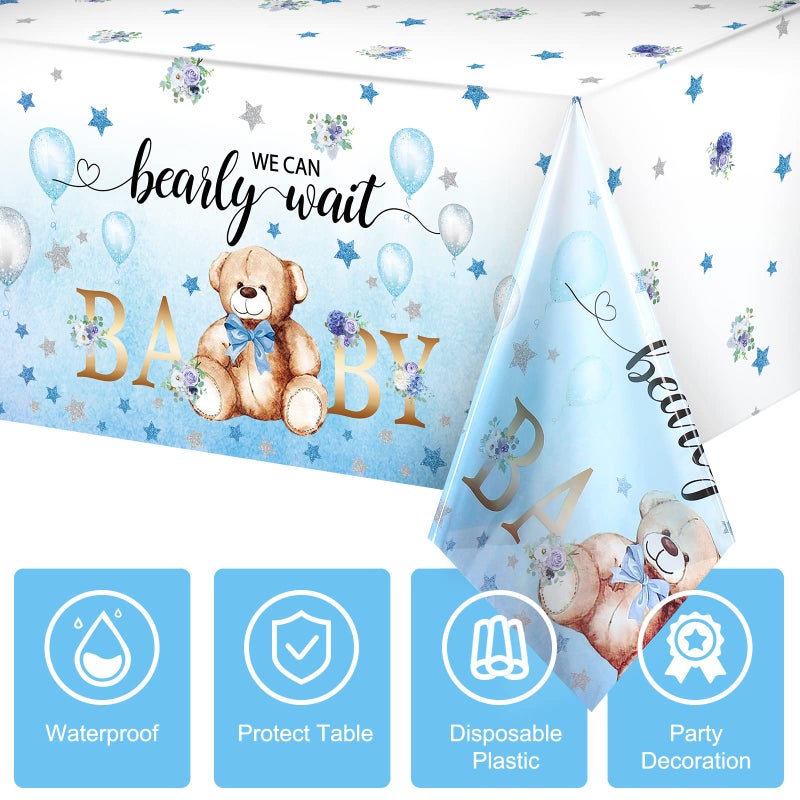 Tegeme Bear Baby Shower Tablecloth Plastic Bear Table Cover We Can Bearly Wait Baby Tablecloth Balloon Star Flower Table Cover for Kids Birthday Party and Baby Shower, 54 x 108 Inch(Blue,1 Pack) - Image 3