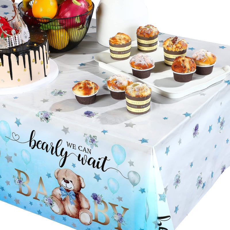 Tegeme Bear Baby Shower Tablecloth Plastic Bear Table Cover We Can Bearly Wait Baby Tablecloth Balloon Star Flower Table Cover for Kids Birthday Party and Baby Shower, 54 x 108 Inch(Blue,1 Pack) - Image 5