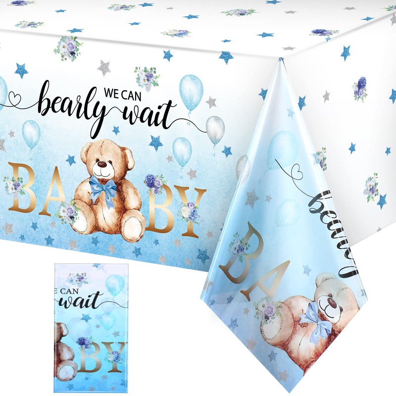 Tegeme Bear Baby Shower Tablecloth Plastic Bear Table Cover We Can Bearly Wait Baby Tablecloth Balloon Star Flower Table Cover for Kids Birthday Party and Baby Shower, 54 x 108 Inch(Blue,1 Pack) - Image 1
