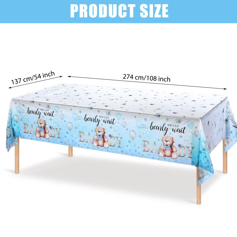 Tegeme Bear Baby Shower Tablecloth Plastic Bear Table Cover We Can Bearly Wait Baby Tablecloth Balloon Star Flower Table Cover for Kids Birthday Party and Baby Shower, 54 x 108 Inch(Blue,1 Pack) - Image 2