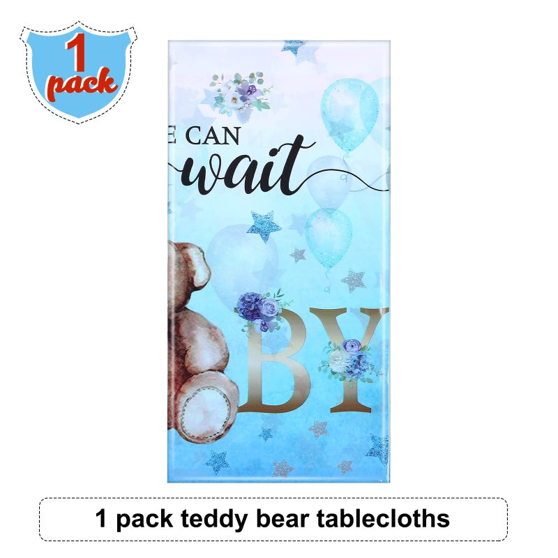 Tegeme Bear Baby Shower Tablecloth Plastic Bear Table Cover We Can Bearly Wait Baby Tablecloth Balloon Star Flower Table Cover for Kids Birthday Party and Baby Shower, 54 x 108 Inch(Blue,1 Pack) - Image 4