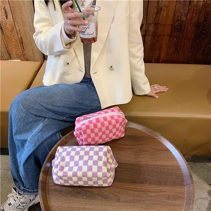 KOTORA 3 Pieces Makeup Bag Large Small Checkered Cosmetic Bag Capacity Canvas Travel Toiletry Bag Organizer Cute Makeup Brushes Aesthetic Accessories Storage Bag for Women Pink - Image 3