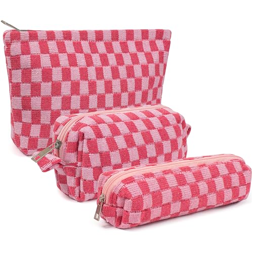 KOTORA 3 Pieces Makeup Bag Large Small Checkered Cosmetic Bag Capacity Canvas Travel Toiletry Bag Organizer Cute Makeup Brushes Aesthetic Accessories Storage Bag for Women Pink - Image 1