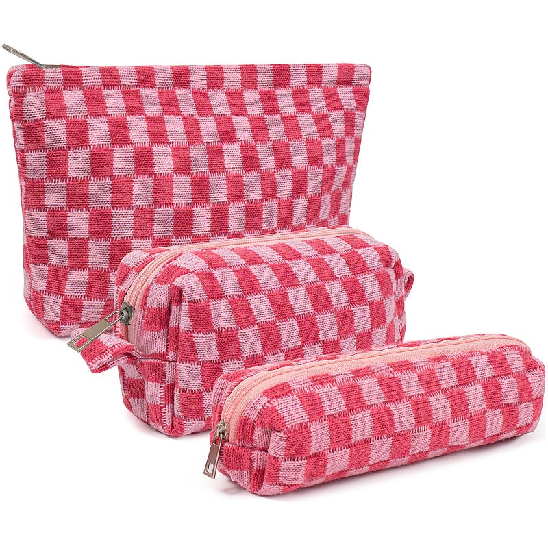 KOTORA 3 Pieces Makeup Bag Large Small Checkered Cosmetic Bag Capacity Canvas Travel Toiletry Bag Organizer Cute Makeup Brushes Aesthetic Accessories Storage Bag for Women Pink - Image 2