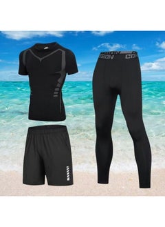 Body Swimsuit Men's Swimming Trunks Long Summer Quick-drying Sunscreen Long Sleeve Trousers Split Hot Spring Beach Surfing Snorkeling Factory-Color:❥☆#∝〃★Cx Printed Short Sleeves + Reflective Shorts + Black Tight Trousers☆❥-Size:❥☆S 【 40-50kg 】☆❥